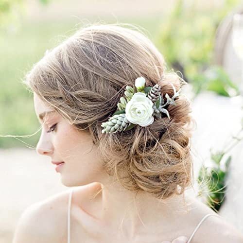 Fangsen Сребърна сватба гребен за коса, с бяло цвете, аксесоар за коса в стил бохо с цветен модел за жени и