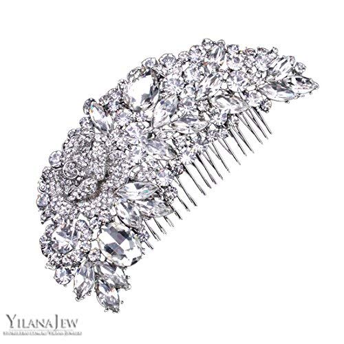 Шнола за косата на булката от страна за жени, сребърни сватбени щипки за гребен с кристали (бял)