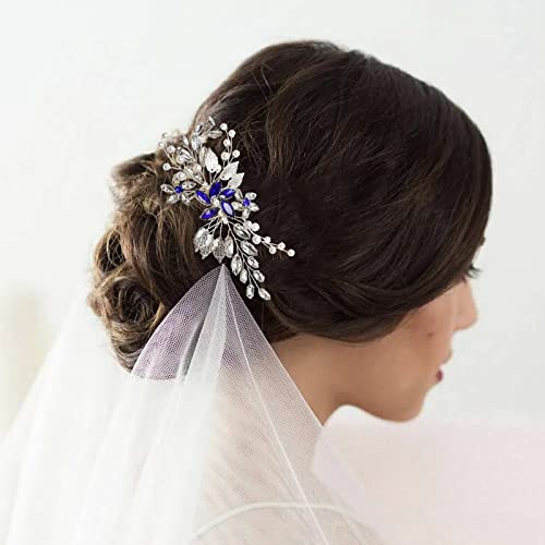 Сватбена гребен за коса на булката с кристали, сватбени аксесоари за коса с перли за жени и момичета, сватбени партита (синьо + сребрист)