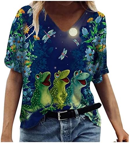 Тениска за жени, Летни Ризи, Елегантни Ежедневни Блузи с Къс ръкав и V-Образно деколте с Флорални Принтом, Свободна