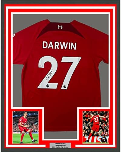 В рамка С Автограф /с Подпис на Дарвин Нунес 33x42 Ливърпул Червена Футболна Фланелка на Бекет БАС COA