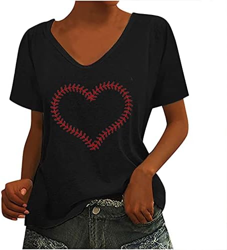 Хубава Тениска за Жени, Бейзболни Тениски с Принтом на Сърцето, Къс Ръкав, V-Образно Деколте, Свободна Туника,