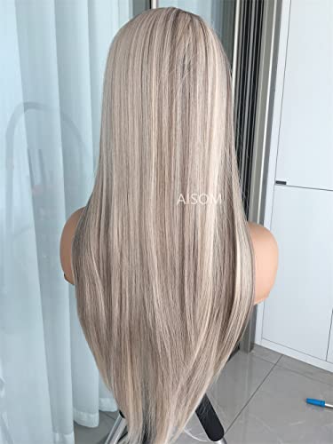 Aisom Highligh Пепеляв blond platinum права перука на дантели 13x4 Синтетични косми, за жени, бесклеевой перука на дантели, предварително выщипанный, светъл