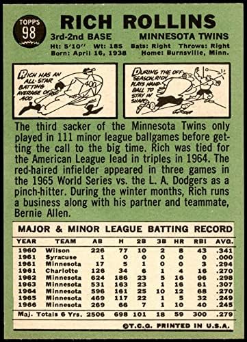 1967 Topps # 98 Рич Ролинс Миннесотские близнаци (Бейзболна картичка) (Е червена или черна линия върху етикета ръкавици) NM / MT Близнаци