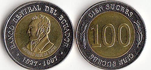 Американската Эквадорская Монета на 100 Сукре 1997 година на издаване, два цвята на Метални Монети, два цвята