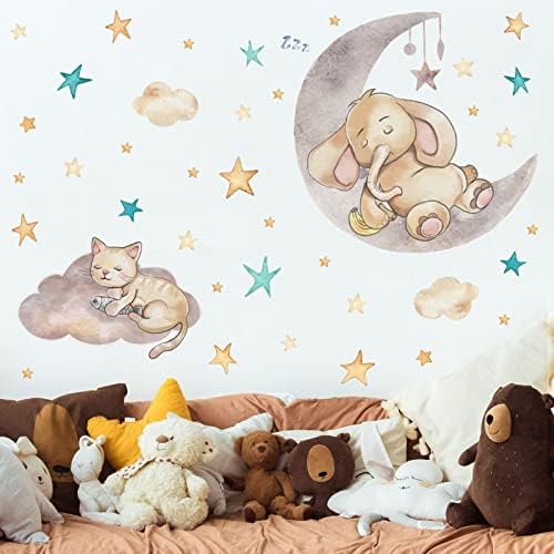 Maydahui Котка, Слон, Спящ на Луната, Стикер на Стената (27x41 Инча), Акварелни Винил със Звездна Облак, Отклеивающиеся