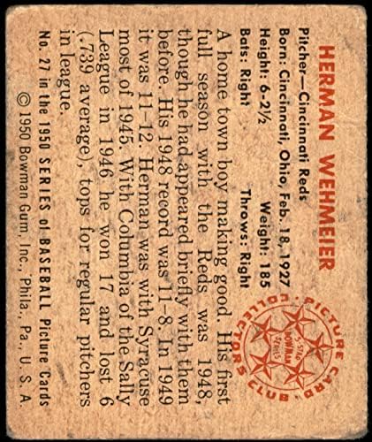 1950 Боуман 27 Германия Вемайер Синсинати Редс (Бейзболна картичка) на БЕДНИТЕ Червени