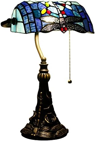 RHLAMPS Банкирская Лампа Настолна Лампа Tiffany, Настолна Лампа от Цветно Стъкло в Стил Сини водни Кончета,