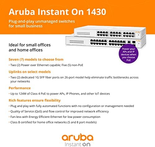 Aruba Instant На неуправляемом ключа с капацитет 26 пристанища Gb 1430 | 26 пристанища 1G | 2 SFP | Без вентилатор