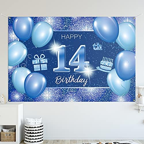 Честит 14–ти Рожден Ден на Фона на Банер Декор В Синята Точка С Пайети 14 Години Тематична Украса за Парти в