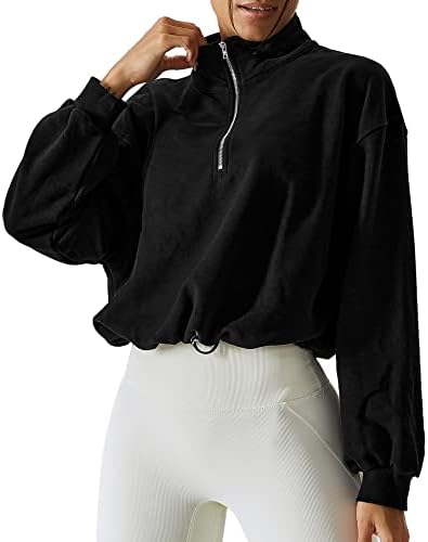 Дамски Укороченная Hoody Talakeno джоб с Дълги ръкави и Високо деколте, Съкратен Тренировъчен Пуловер, Върхове