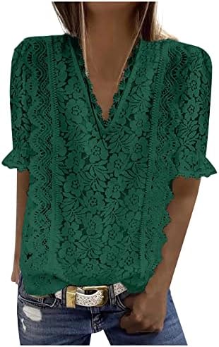 Дамски Модни Лейси Риза със средния ръкав OVERMAL, Монофонични Отгоре С V-образно деколте, Риза