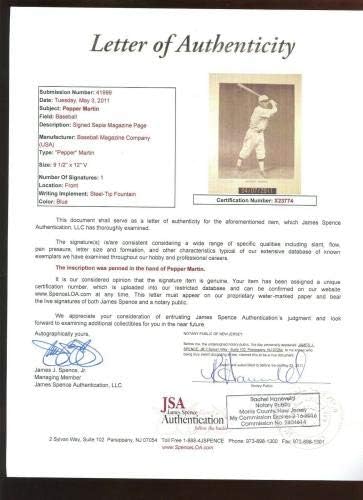 Винтажное снимка от бейзболен влезете с автограф Пепър Мартин 1 JSA LOA - Списания MLB с автограф