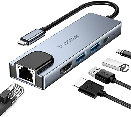 Хъб USB C,YIKAIEN 5 Портове USB Type C до Ethernet, HDMI, USB 3.0 Порт, Тип C Hub Адаптер е Съвместим с MacBook