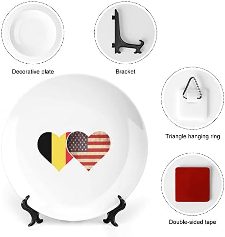 Белгия и Американския Флаг Ретро Дизайн, Декоративна Чиния от Костен Порцелан със Стойка, Кръгла Декоративна